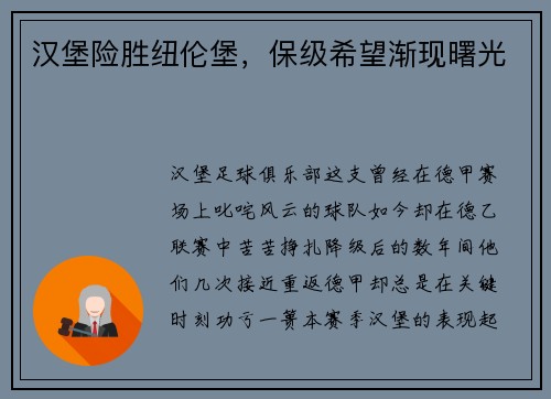汉堡险胜纽伦堡，保级希望渐现曙光